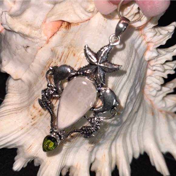 Rainbow Moonstone teardrop gem + Starfish + Dolphin handmade statement Pendant - Picture 4 of 6